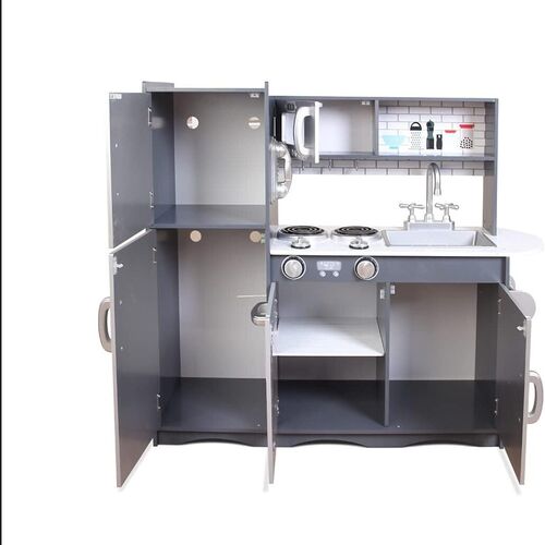 Large Kids Wooden Play Kitchen With Utensils Toys Children's Role Play Pretend Set Toy (Grey)