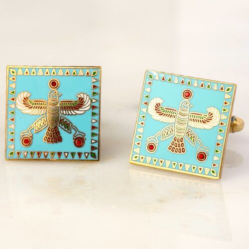 The Persian Falcon. Blue Turquoise with 3 Red Stones. Cufflinks.