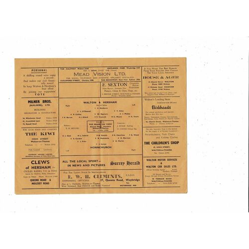1960/61 Walton & Hersham v Hornchurch Athenian League Football Programme