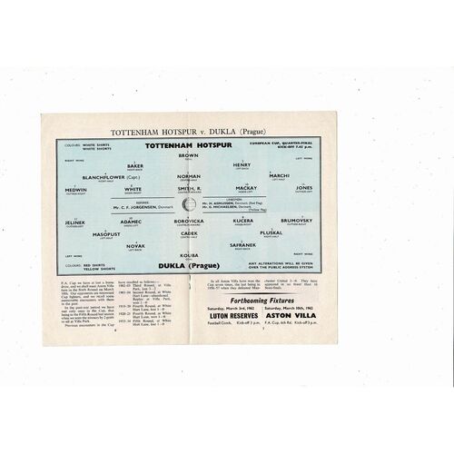 Tottenham Hotspur v Dukla Prague European Cup Football Programme 1961/62