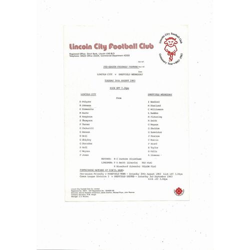 Lincoln City v Sheffield Wednesday Friendly Football Programme 1983/84