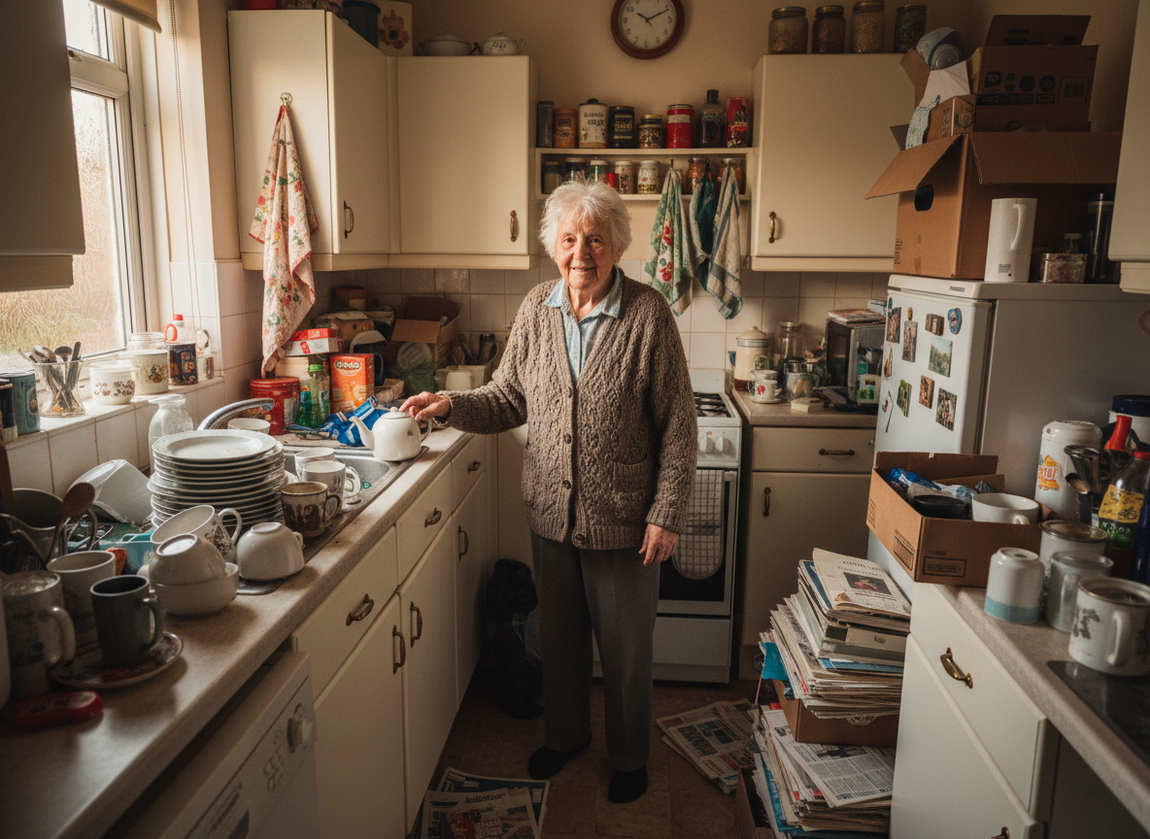An elderly person's kitchen showing clutter with stacked items, boxes and belongings, demonstrating the challenge of hoarding in older adults