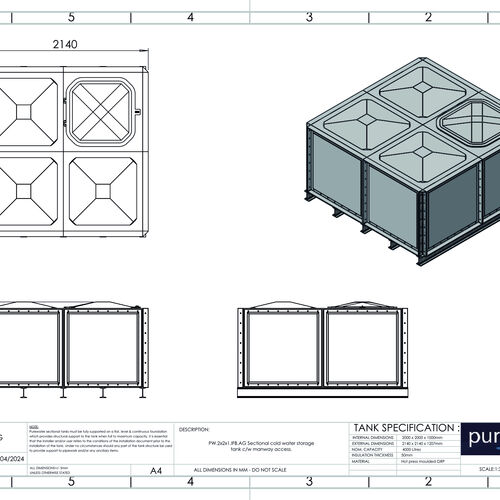 PW.2X2X1.IFB.AG - 4000 LITRE SECTIONAL WATER TANK, INTERNALLY FLANGED BASE (IFB)