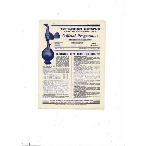 1957/58 Tottenham Hotspur v Leicester City FA Cup Football Programme
