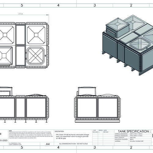 PW.2.5X2X1.TIF.AB - 6552 LITRE SECTIONAL WATER TANK, TOTALLY INTERNALLY FLANGED (TIF) C/W FVH