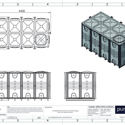 PW.4X2X2.IFB.AG - 16000 LITRE SECTIONAL WATER TANK, INTERNALLY FLANGED BASE (IFB)