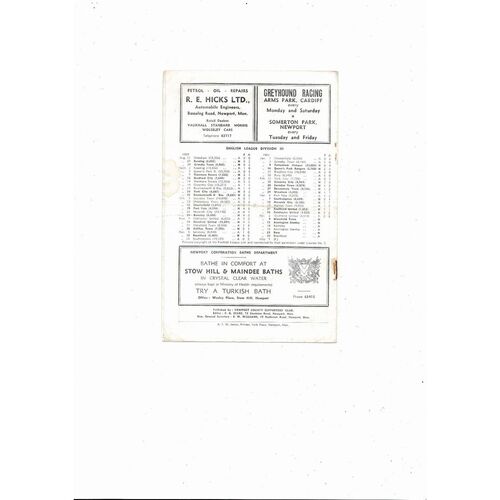 1959/60 Newport County v Mansfield Town Football Programme