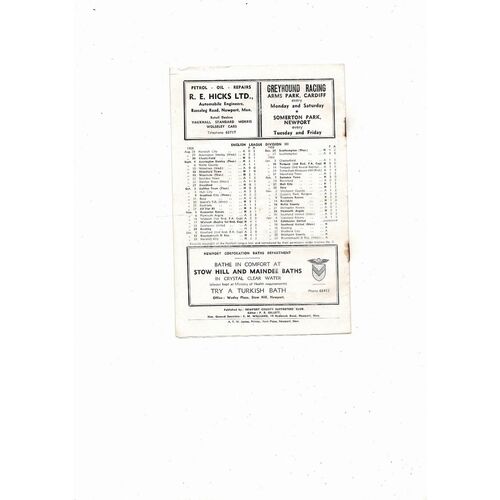 1958/59 Newport County v Southend United Football Programme