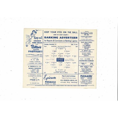 1961/62 Barking v Clapton Isthmian League Football Programme