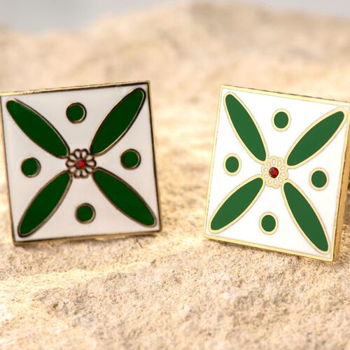 Cufflinks. The Persian Cross. Green on White with 1 Central Red Stone.