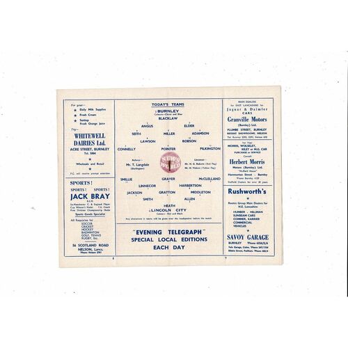 1959/60 Burnley v Lincoln City FA Cup Replay Football Programme Burnley Championship Season