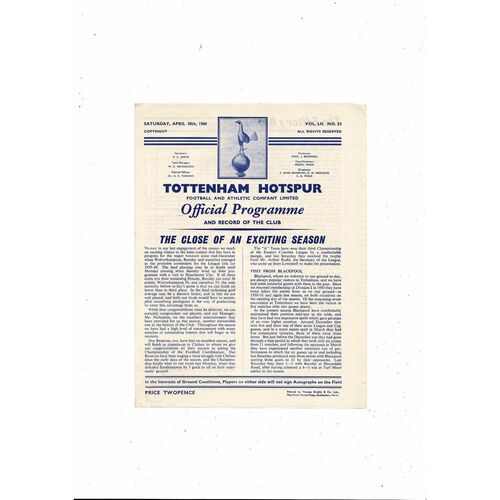 1959/60 Tottenham Hotspur v Blackpool Football Programme