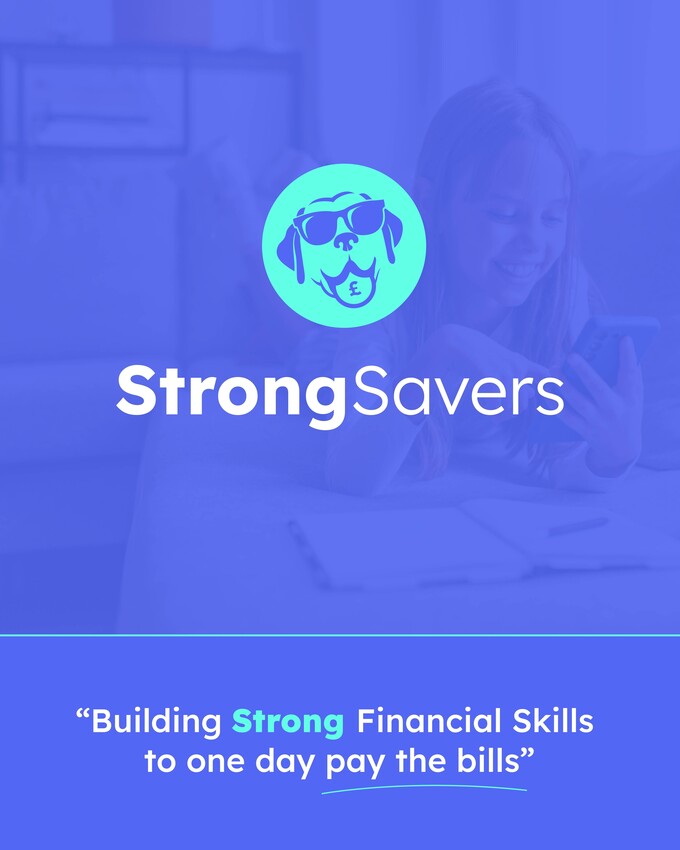 strong savers log redesign showing dog with sunglasses on. with a coin in its mouth.