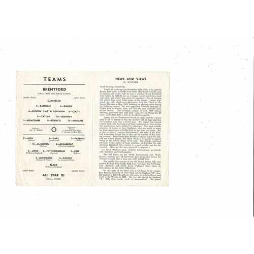 Brentford v All Star X1 Jimmy Bain Testimonial Football Programme 1956/57