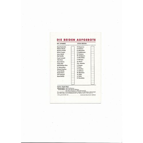 Dynamo Berlin v Apoel Nicosia European Cup Football Programme 1980/81