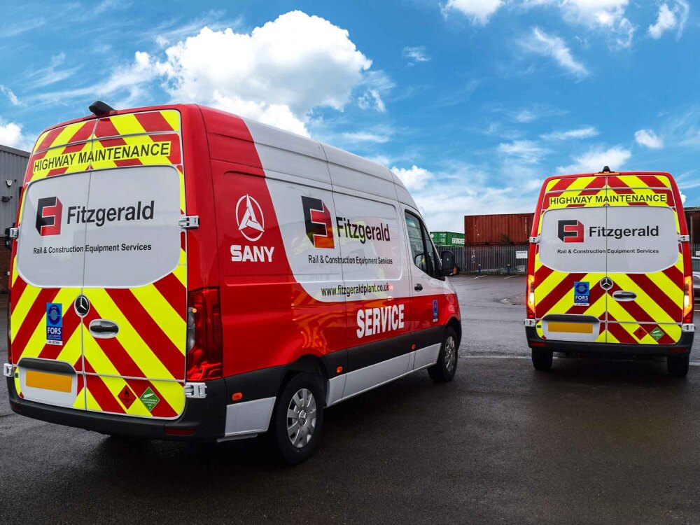 Matching partial vehicle wraps and rear chevron graphics on fleet of Mercedes Sprinter vans for Fitzgerald Plant Services.