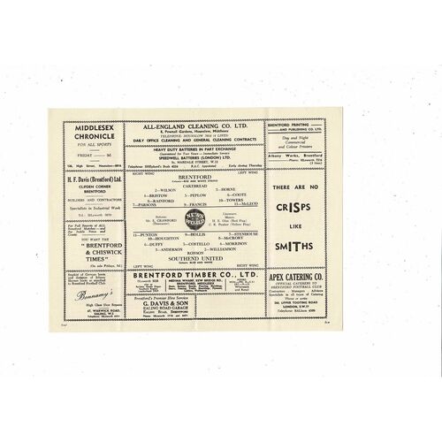 1958/59 Brentford v Southend United Football Programme