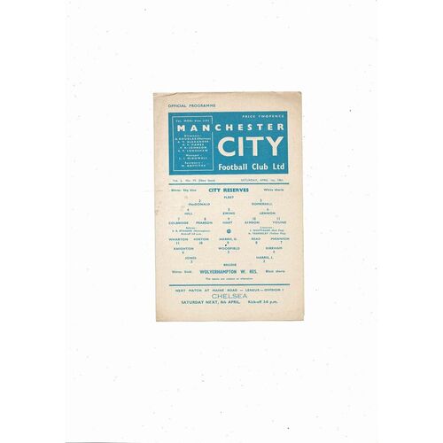 Manchester City v Wolves Central League Football Programme 1960/61