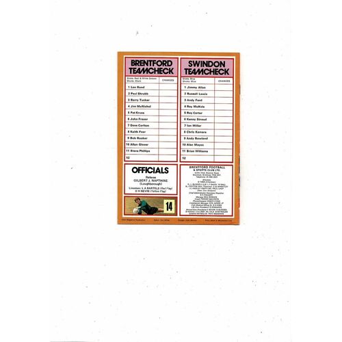 1979/80 Brentford v Swindon Town Football Programme