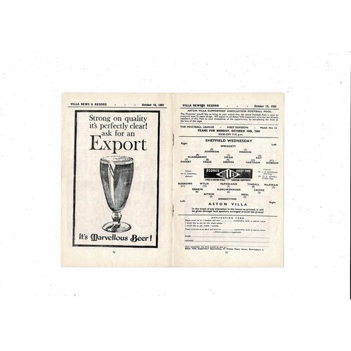 1961/62 Aston Villa v Sheffield Wednesday Football Programme