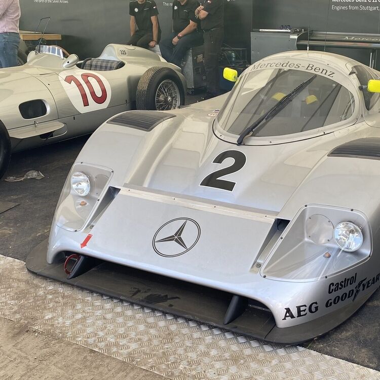 1990 Mercedes-Benz C11 in Silver Arrows colour on display at Goodwood Festival of Speed