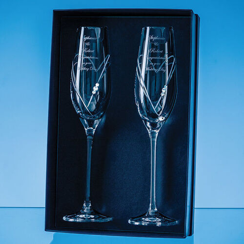 2 Diamante Champagne Flutes with Heart Shaped Cutting in a Gift Box