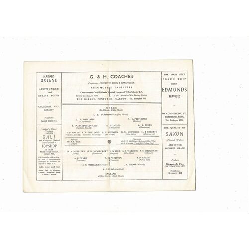 1966 Wales v England Schools International Football Programme @ Cardiff