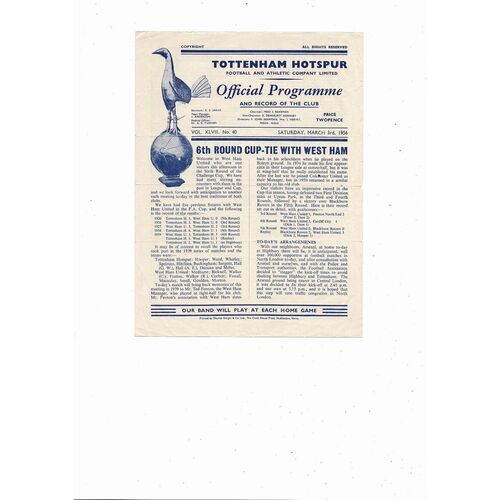 1955/56 Tottenham Hotspur v West Ham United FA Cup Football Programme