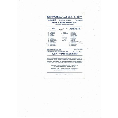 Bury v Manchester City Central League Football Programme 1970/71