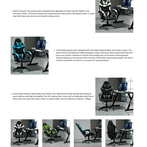 mcc direct Swivel Faux Leather Office Chair Racing Sports Gaming Tilt Computer Desk Chair with Headrest & Lumbar Cushion A