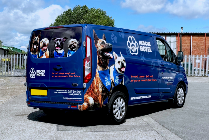The Rescue Hotel, Digitally Printed Full Wrap. Installed by Popin Vehicle Graphics on a Ford Transit Custom.
