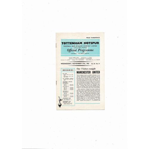 Tottenham Hotspur v Manchester United European Cup Winners Cup Football Programme 1963/64 Nov