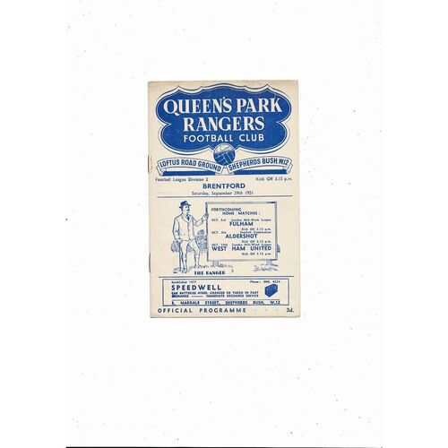 1951/52 Queens Park Rangers v Brentford Football Programme