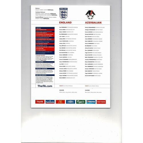 2005 England v Azerbaijan Football Programme @ Newcastle United