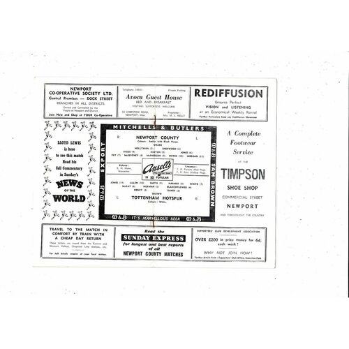 1959/60 Newport County v Tottenham Hotspur FA Cup Football Programme