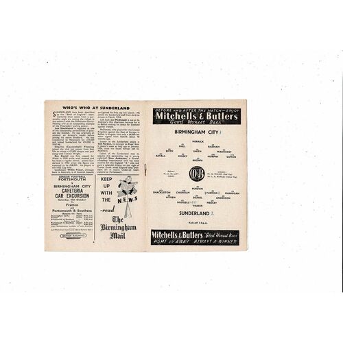 1955/56 Birmingham City v Sunderland Football Programme