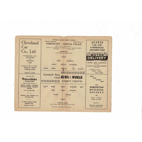 1958/59 Darlington v Crystal Palace Football Programme