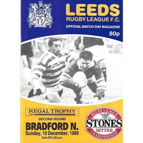 1989/90 Leeds v Bradford Northern (10/12/1989) Regal Trophy Second Round Rugby League Programme