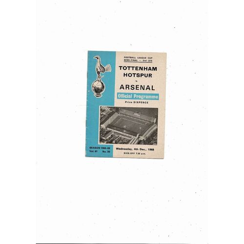 1968/69 Tottenham Hotspur v Arsenal League Cup Semi Final Football Programme