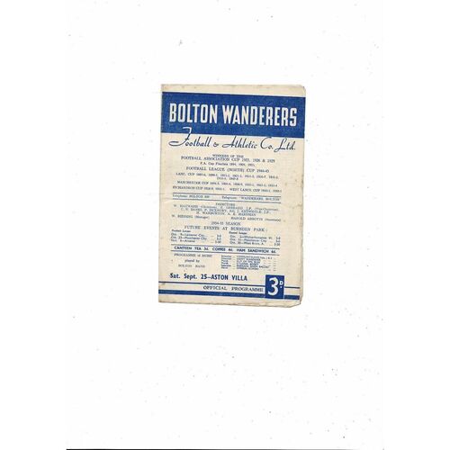 1954/55 Bolton Wanderers v Aston Villa Football Programme