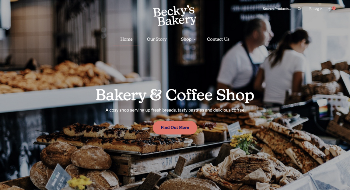 Becky's bakery website designed by webfactory, simple web page with a large banner image. Has clear call to action buttons.