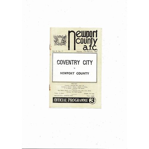 1959/60 Newport County v Coventry City Football Programme