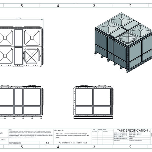 PW.2.5x2x1.5.TIF.AG - 9400 LITRE SECTIONAL WATER TANK, TOTALLY INTERNALLY FLANGED (TIF)