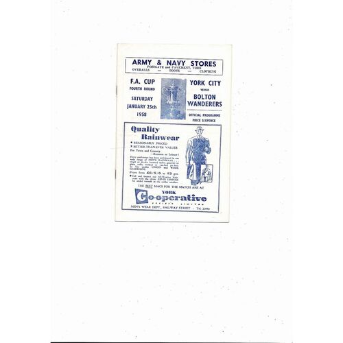 1957/58 York City v Bolton Wanderers FA Cup Football Programme