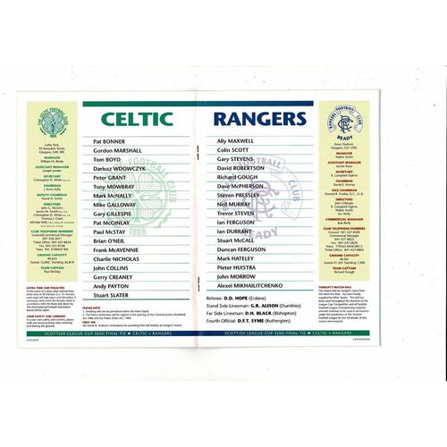 1993/94 Celtic v Rangers Scottish League Cup Semi Final Football Programme