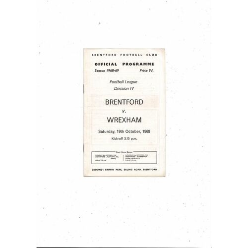 1968/69 Brentford v Wrexham Football Programme
