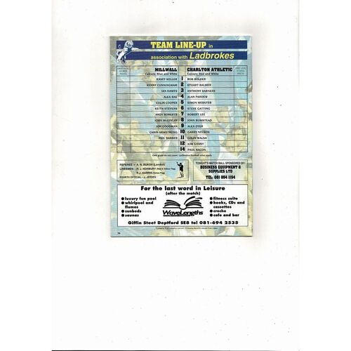 Millwall v Charlton Athletic Anglo Italian Cup Football Programme 1992/93