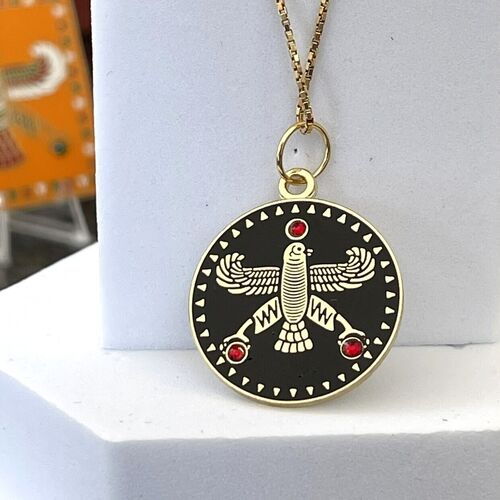 Round Pendant. The Persian Falcon. Black with 3 Red Stone.