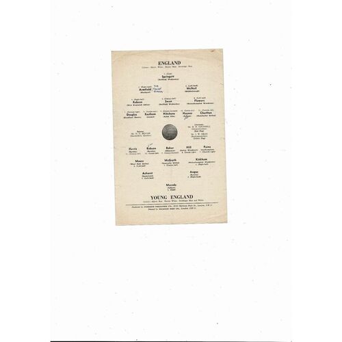 1960/61 England v Young England Friendly Football Programme @ Chelsea