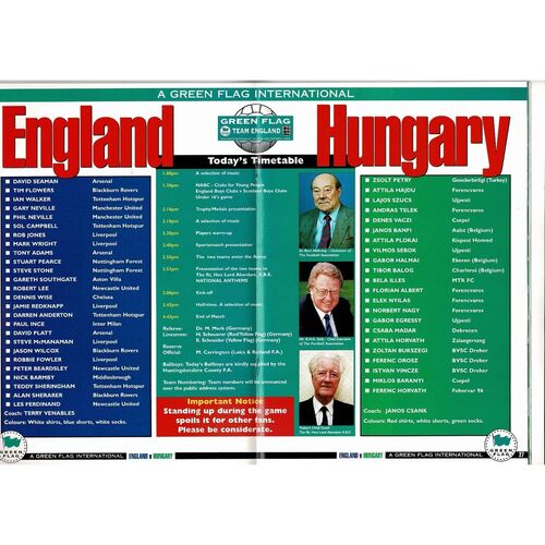 1996 England v Hungary Football Programme